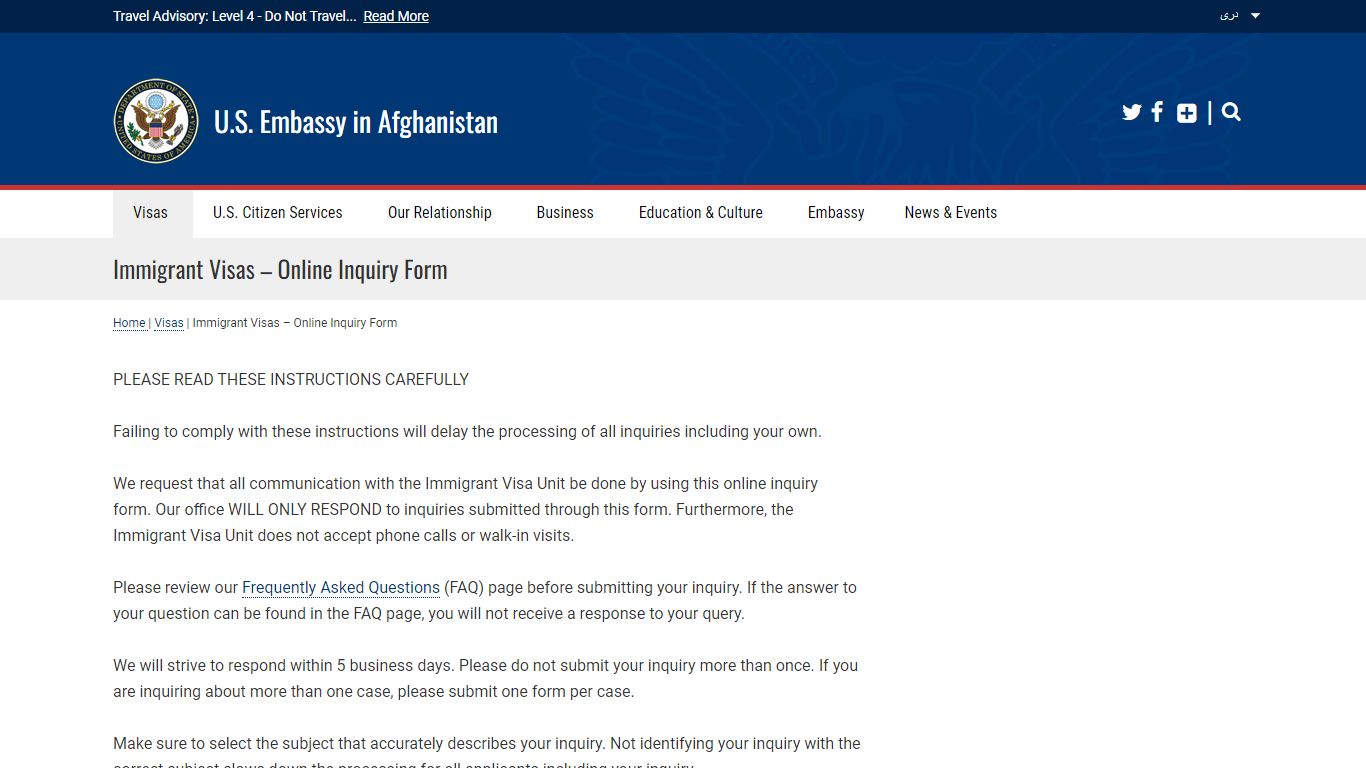 Immigrant Visas – Online Inquiry Form - U.S. Embassy in Afghanistan