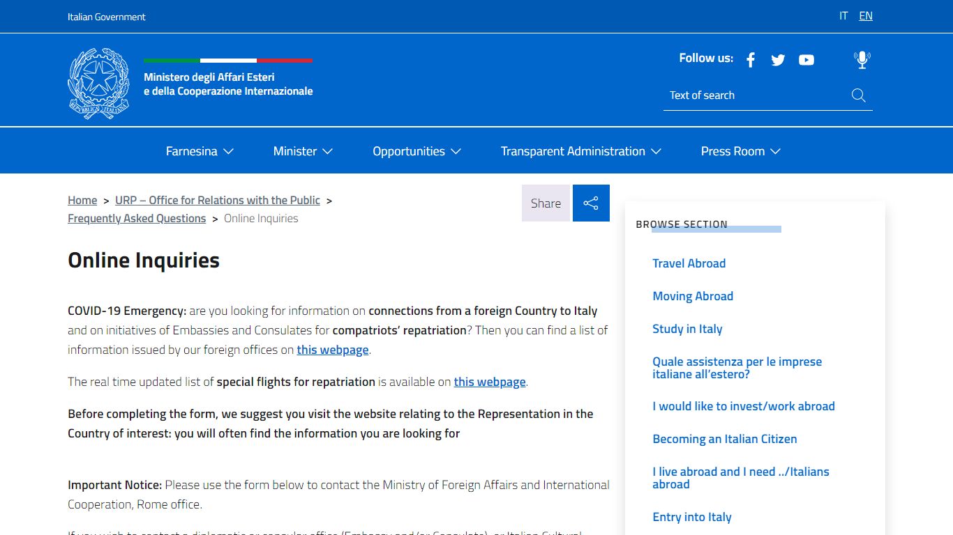 Online Inquiries – Ministero degli Affari Esteri e della Cooperazione ...